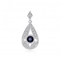 14K White Gold Round Sapphire and Diamond Pear Shape Precious Pendant