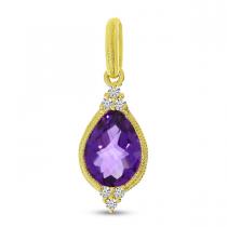 14K Yellow Gold Pear Amethyst and diamond Semi Precious Pendant