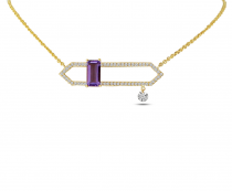 14K Yellow Gold Dashing Diamonds Open Amethyst Semi Precious Necklace
