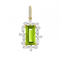 14K Yellow Gold Peridot Emerald Cut and Baguette Diamond Pendant