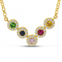 14K Yellow Gold Diamond Halo Rainbow Sapphire V Necklace