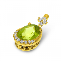 14K Yellow Gold Oval Peridot and Diamond Semi Precious Pendant