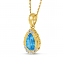 14K Yellow Gold Pear Blue Topaz and Diamond Pendant