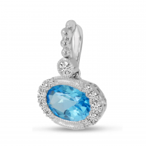 14K White Gold Oval Blue Topaz and Diamond Beaded Pendant