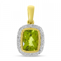 14K Yellow Gold Cushion Peridot and Diamond Halo Semi Precious Pendant