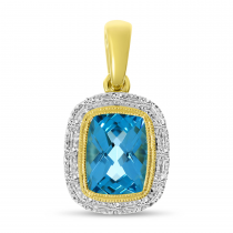 14K Yellow Gold Cushion Blue Topaz and Diamond Halo Semi Precious Pendant