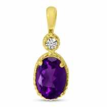 14K Yellow Gold Oval Amethyst Millgrain Birthstone Pendant