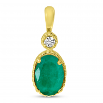 14K Yellow Gold Oval Emerald Millgrain Birthstone Pendant