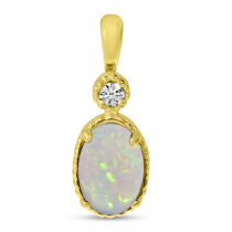 14K Yellow Gold Oval Opal Millgrain Birthstone Pendant