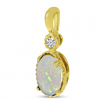 14K Yellow Gold Oval Opal Millgrain Birthstone Pendant