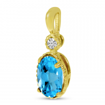 14K Yellow Gold Oval Blue Topaz Millgrain Birthstone Pendant