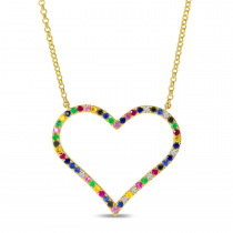 14K Yellow Gold Rainbow Sapphire Large Open Heart Necklace