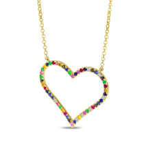 14K Yellow Gold Rainbow Sapphire Large Open Heart Necklace