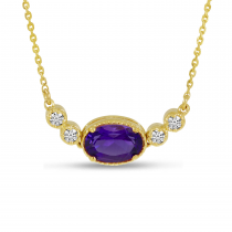 14K Yellow Gold Oval Amethyst Birthstone Millgrain Necklace