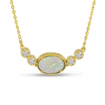 14K Yellow Gold Oval Opal Birthstone Millgrain Necklace