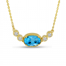 14K Yellow Gold Oval Blue Topaz Birthstone Millgrain Necklace