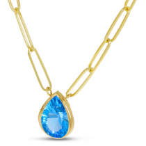 14K Yellow Gold Blue Topaz Pear Paperclip Chain Necklace