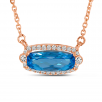 14K Rose Gold Diamond Halo Oval Blue Topaz Necklace