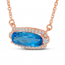 14K Rose Gold Diamond Halo Oval Blue Topaz Necklace