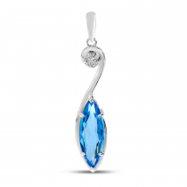 14K White Gold Marquise Blue Topaz and Diamond Swirl Semi Precious Pendant
