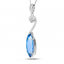 14K White Gold Marquise Blue Topaz and Diamond Swirl Semi Precious Pendant