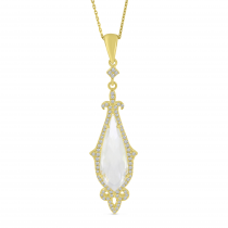 14K Yellow Gold White Topaz Pear Ornate Diamond Halo Pendant