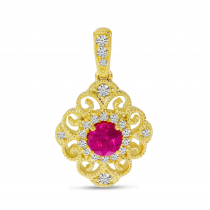 14K Yellow Gold Diamond Ruby Precious Filigree Pendant