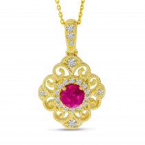 14K Yellow Gold Diamond Ruby Precious Filigree Pendant