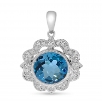 14K White Gold Blue Topaz & Diamond Millgrain Pendant