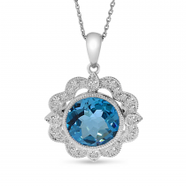 14K White Gold Blue Topaz & Diamond Millgrain Pendant