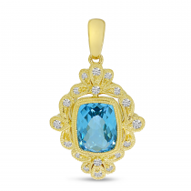 14K Yellow Gold Blue Topaz Cushion Ornate Diamond Millgrain Pendant