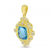 14K Yellow Gold Blue Topaz Cushion Ornate Diamond Millgrain Pendant