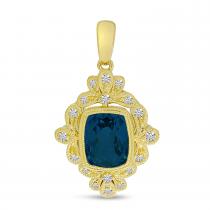 14K Yellow Gold London Blue Topaz Cushion with Diamond Milgrain Pendant
