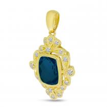 14K Yellow Gold London Blue Topaz Cushion with Diamond Milgrain Pendant