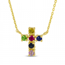 14k Yellow Gold Rainbow Sapphire Cross Necklace