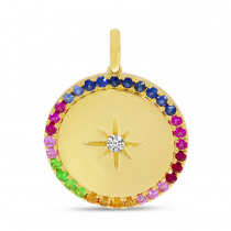 14K Yellow Gold Rainbow Sapphire Halo Disc Pendant