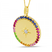 14K Yellow Gold Rainbow Sapphire Halo Disc Pendant