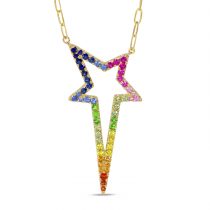 14K Yellow Gold Rainbow Sapphire Starburst Paperclip Chain Necklace