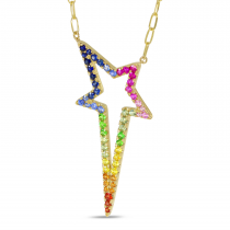 14K Yellow Gold Rainbow Sapphire Starburst Paperclip Chain Necklace