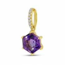 14K Yellow Gold Amethyst Semi Hexagon Diamond Pendant