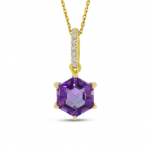 14K Yellow Gold Amethyst Semi Hexagon Diamond Pendant