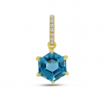 14K Yellow Gold Blue Topaz Semi Hexagon Diamond Pendant