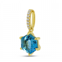 14K Yellow Gold Blue Topaz Semi Hexagon Diamond Pendant