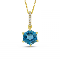 14K Yellow Gold Blue Topaz Semi Hexagon Diamond Pendant