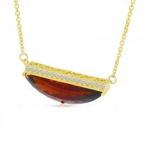 14K Yellow Gold Half Moon Garnet and Diamond Semi Precious Bar Necklace