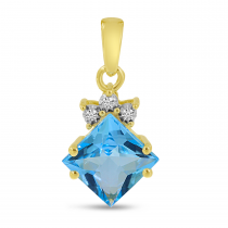 14K Yellow Gold Blue Topaz Princess Cut & Diamond Pendant