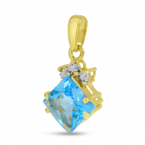 14K Yellow Gold Blue Topaz Princess Cut & Diamond Pendant