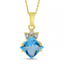 14K Yellow Gold Blue Topaz Princess Cut & Diamond Pendant