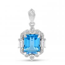 14K White Gold Emerald Cut Blue Topaz and White Topaz and Diamond Halo Pendant