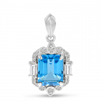 14K White Gold Emerald-Cut Blue Topaz & Diamond Halo Pendant